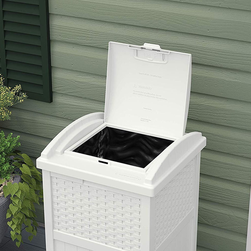 Suncast Resin Wicker Hideaway Outdoor Trash Can with Latching Lid, White