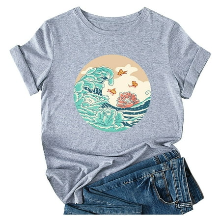 

Corset Tops for Women Floral Women s Casual Loose Round O-Neck Printed Short Sleeve T-Shirt Tops Workout Tshirts Shirts for Women Gray M