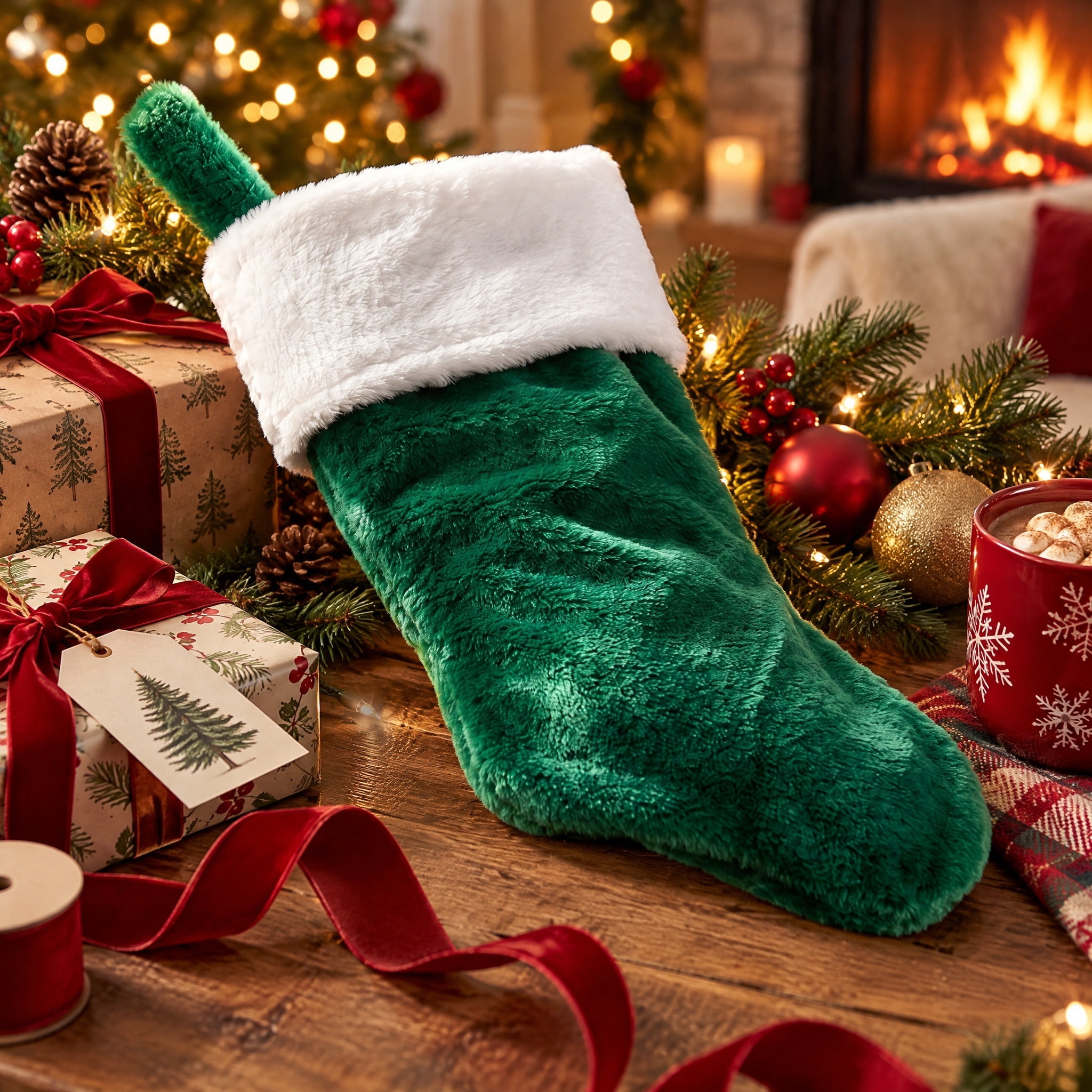 Plush Christmas Stocking, Green and White, 16", by Holiday Time