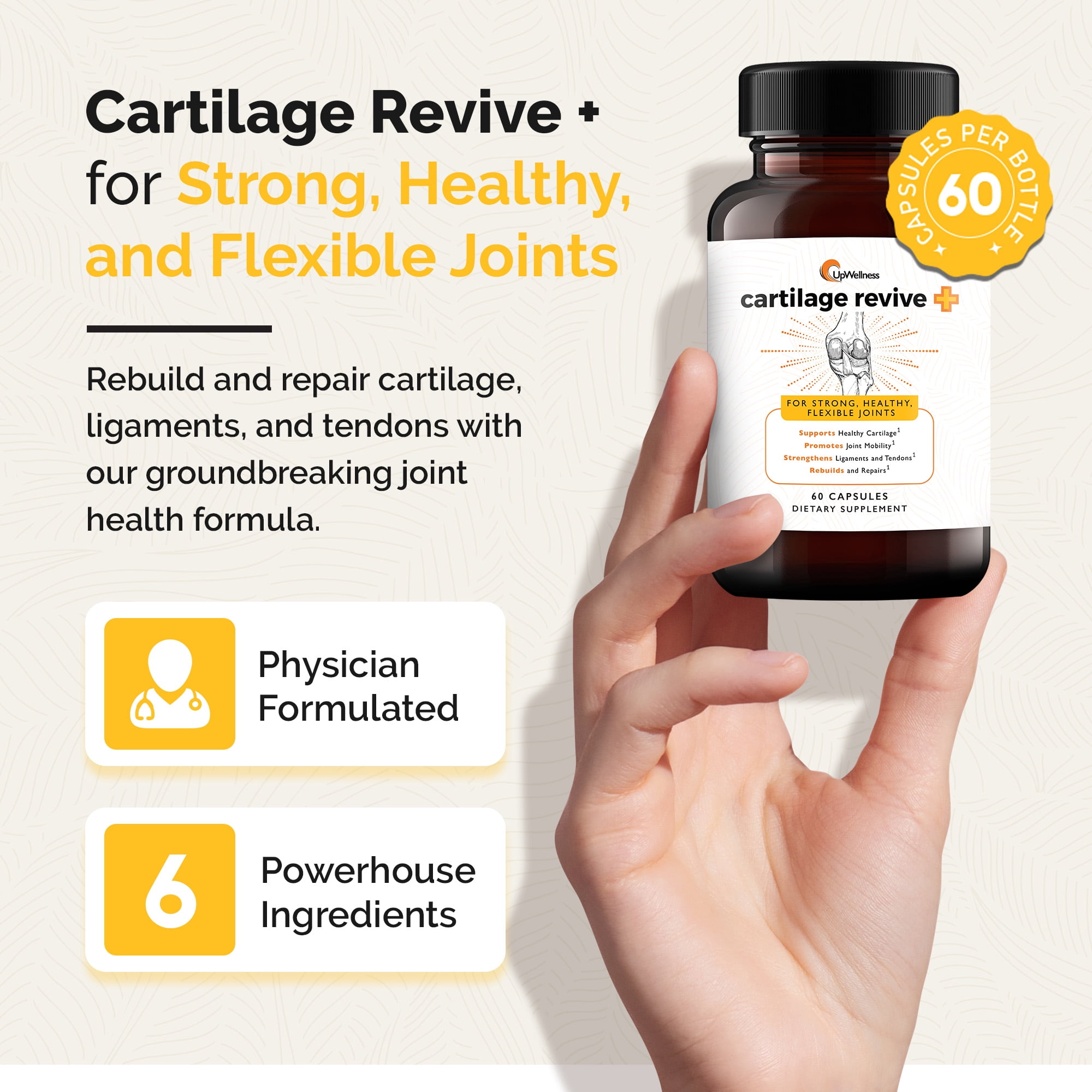 UpWellness Cartilage Revive + Joint Support Supplement for Men and Women with Type II Collagen for Joints - D-Glucosamine Sulfate & MSM - 60 Capsules