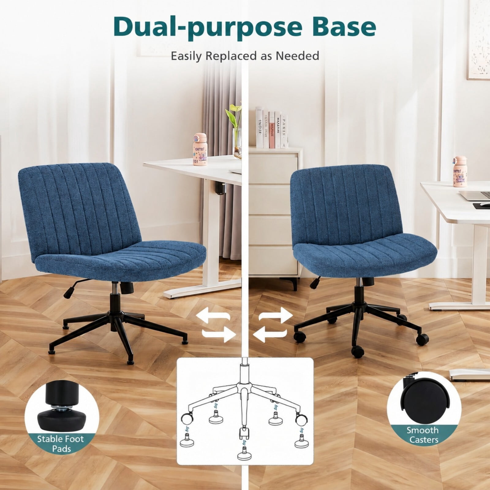 Kelno Armless Criss Cross Office Chair with Wheels 300lb Capacity Wide Seat Cross Legged Desk Chair Height Adjustable Swivel Vanity Chair, Blue Linen