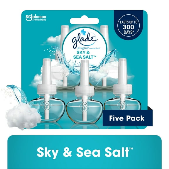 Glade PlugIns Scented Oil 5 Refills, Air Freshener, Sky & Sea Salt, Essential Oil Infused Wall Plug In, 3.35 FL oz, Pack of 5