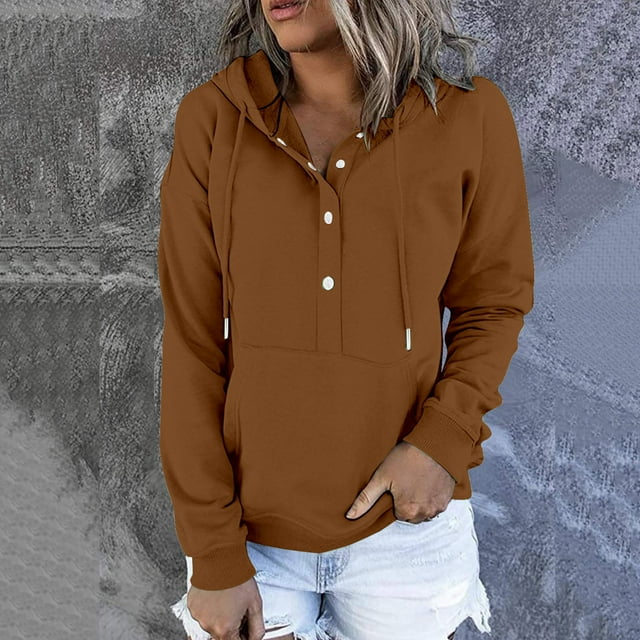 ICHUANYI Clearance Womens Casual Hoodies Fall Solid Long Sleeve Sweatshirt Drawstring Pullover Tops Blouse With Pocket(Brown, XXL) ICHUANYI WER2023081513003