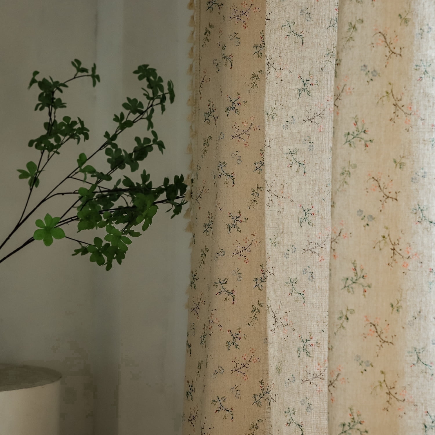 NIUBIER Semi-Blackout Linen Curtains, Floral Pattern, Rod Pocket with Tassels, 52x84 Inches, for Bedroom/Living Room