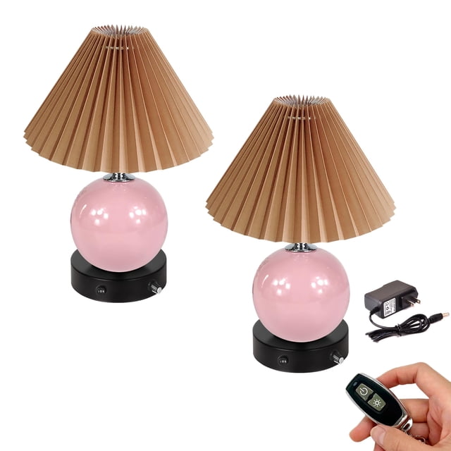 FSLiving Small Cute Ceramic Pot Brown Pleated Shade Table Lamp Rechargeable Battery Operated by Remote Control Dimmable, Wireless Warm Light, Candypink Mushroom for Living Room, Console, End Table