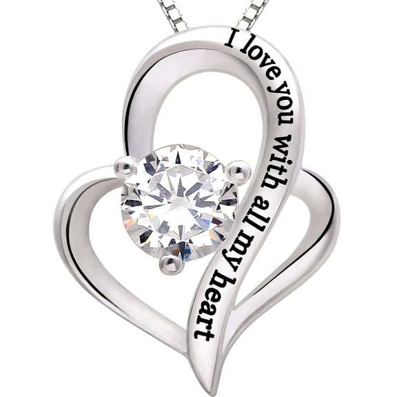ALOV Jewelry Sterling Silver "I love you with all my heart" Love Heart Cubic Zirconia Necklace