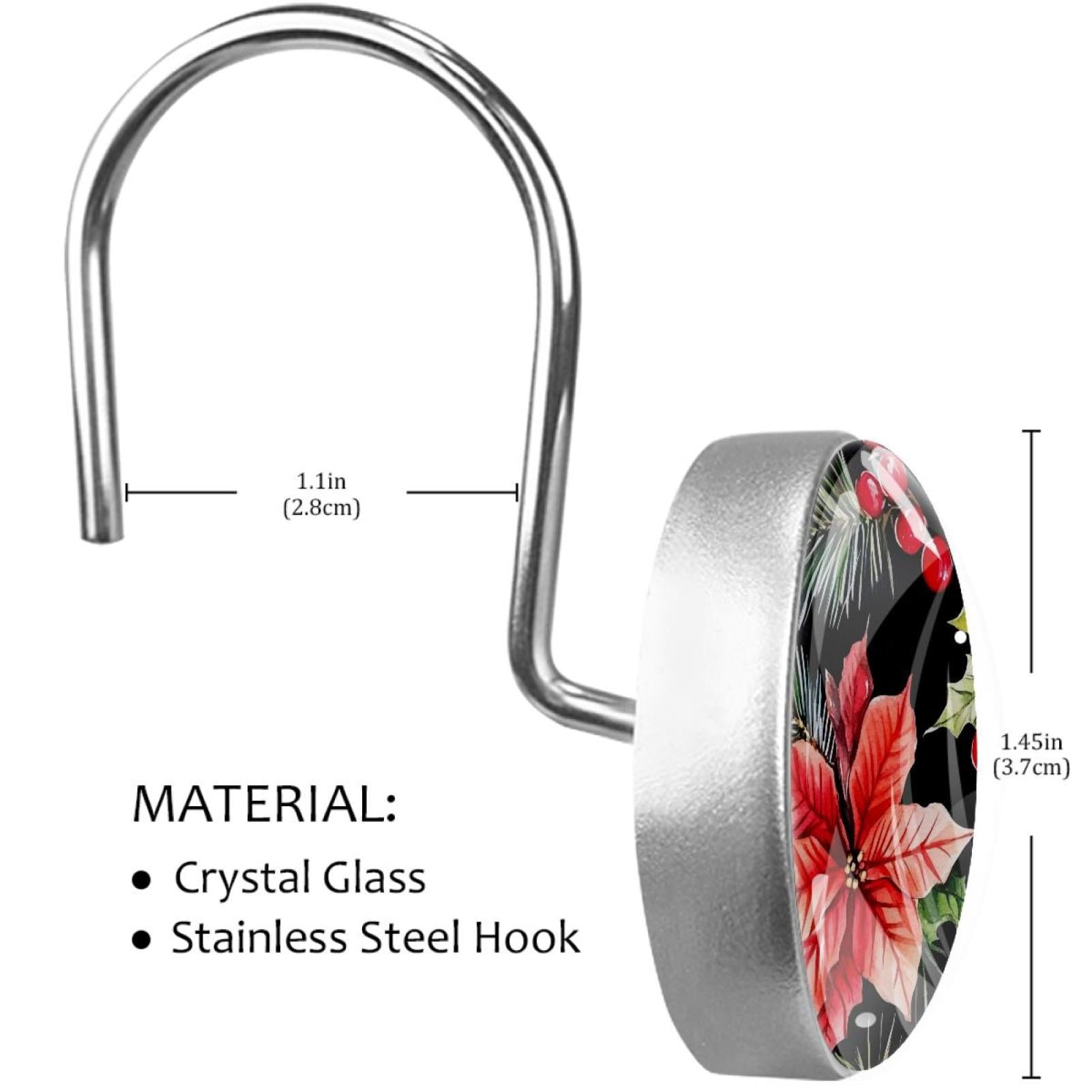 Christmas Poinsettia Flower Red Berry Shower Curtain Hooks Round Crystal Glass, Set of 12 Shower Curtain Rings - Shower Hooks for Curtain Shower Rings