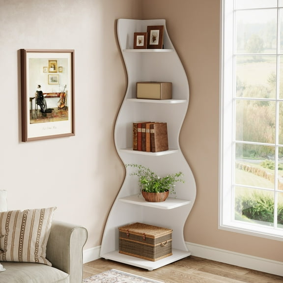 Tribesigns 5-Tier Wavy Corner Bookshelf – Modern Curved Display Shelf for Plants, Books & Décor (White)