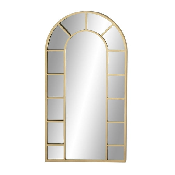 DecMode Gold Metal Arched Window Pane Room Wall Mirror with Arched Top, 32" x 1" x 60"