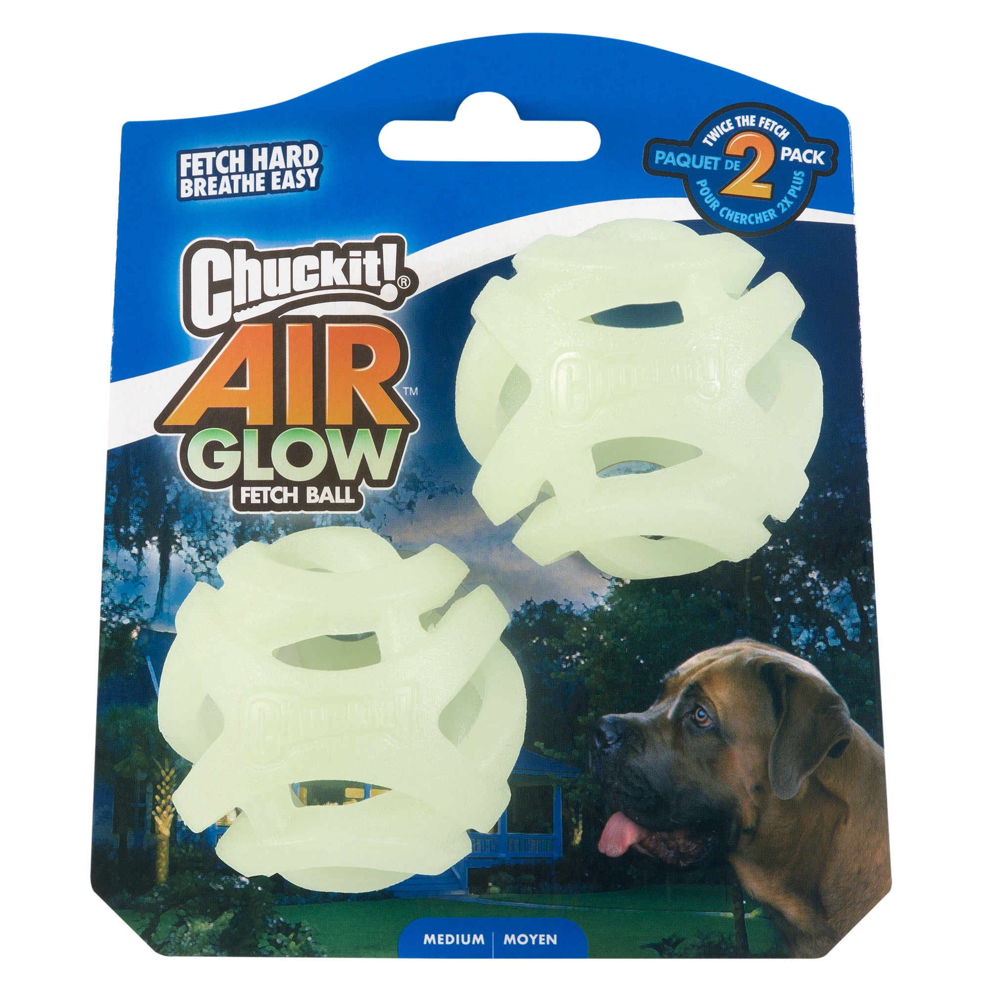 Chuckit! Air Glow Fetch Hard Breathe Easy Dog Ball Rubber Toy For Dogs, Medium 2.5", For Breeds 20 to 60 lb, Pack of 2, White Glow In The Dark