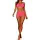 thumbnail image 2 of Conjuntos de bikini de anillo con halter para mujeres, traje de baño de 3 piezas con falda de malla con cordón, color rosa caliente mediano, 2 of 5