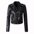 thumbnail image 2 of Joernso Women Jacket Faux Leather Smooth Surface Turn-down Collar Zip-up Zipper And Rivet Decor Long Sleeves Motorcycle Coat Travel Outerwear, 2 of 8