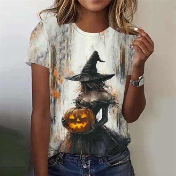 Women's Witch Graphic T-Shirts Halloween Pumpkin Tops Short Sleeve Crewneck Casual Fall Tees Novelty Holiday Blouse for Season Comfortable Fit