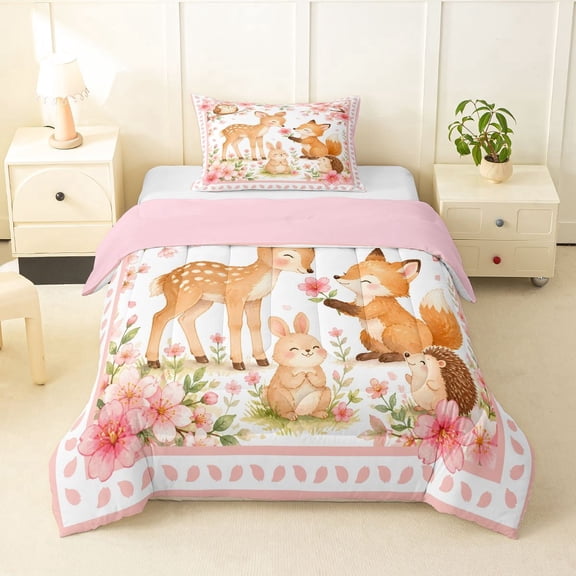 Manfei Cute Rabbit Twin Comforter Sets,Woodland Animal Bedding Set,Pink,Pink Reversible,2pcs,1 Comforter and 1 Pillowcase