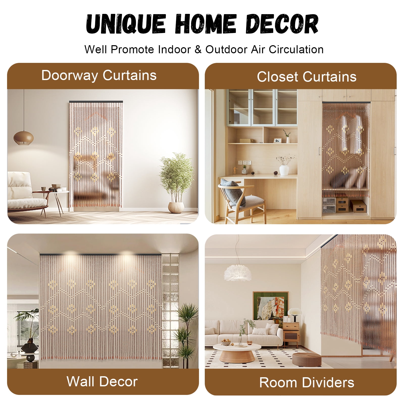 Door String Curtains, 32 Line Porch Drape Fly Curtain Wooden Bead Curtains Room Divider Blind for Bedroom Decorative