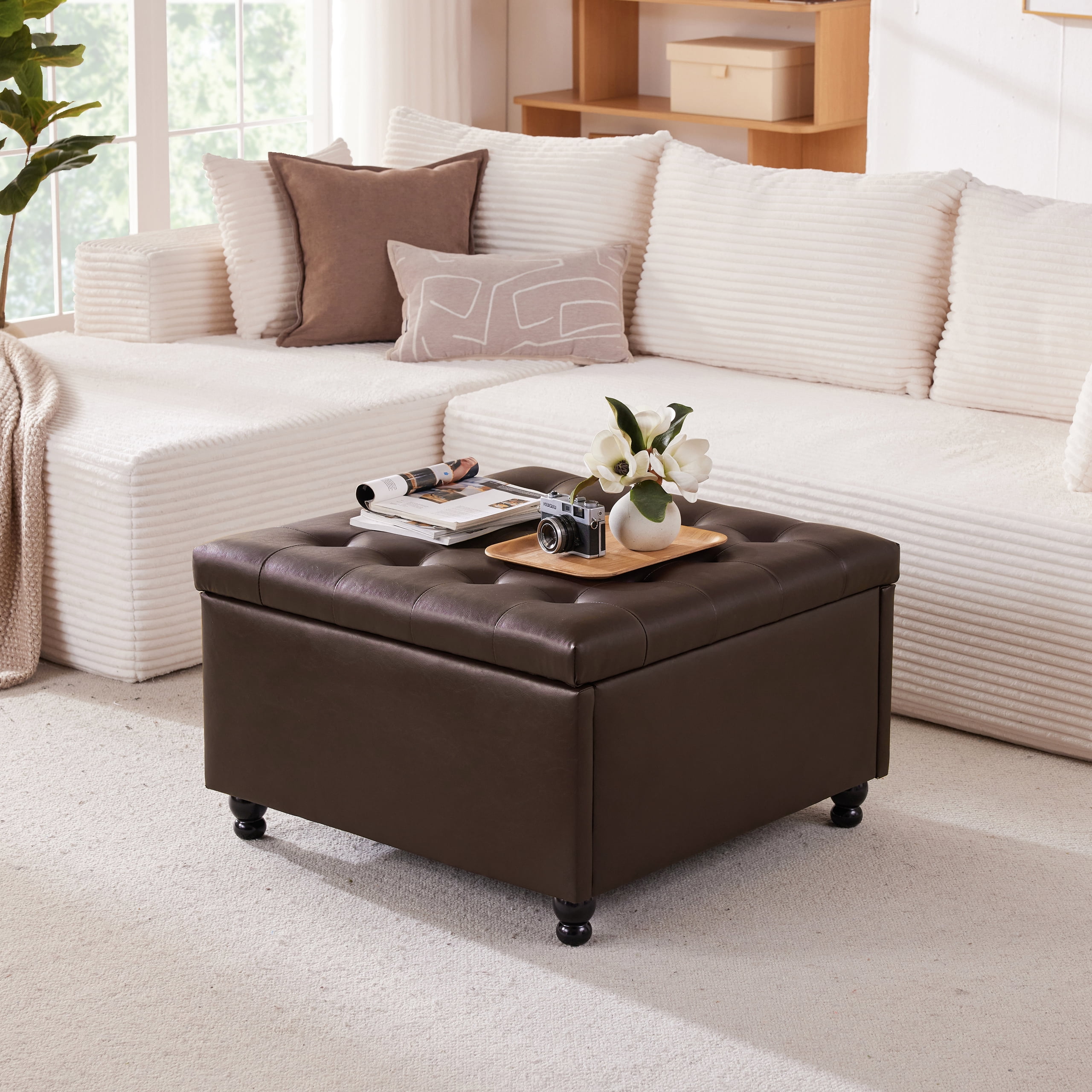 Weture Oversized Square Storage Ottoman Coffee Table, Tufted Upholstered, Leather, 29.5 Inch, Brown