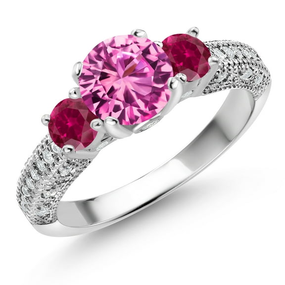 Gem Stone King 925 Sterling Silver Pink Created Sapphire Red Created Ruby and White Moissanite Engagement Ring for Women (2.24 Cttw, Gemstone September Birthstone, Round 7MM and 4MM, Size 9)