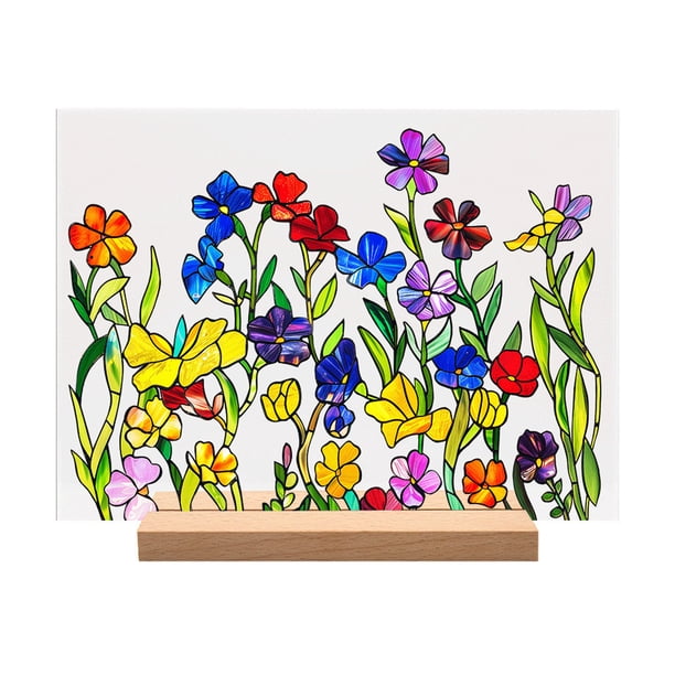 Caja de Pantalla de Acrílico, Ornamento de Decoración Floral de Escritorio Impreso con Gran Base de Madera, Textura Transparente de Vidrio de 21x15cm para Regalo para el Hogar