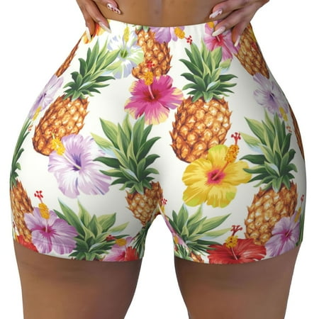 Workout Shorts Women  Hawaiian Pineapples Biker Shorts for Women Running Gym Spandex Shorts Tummy Control