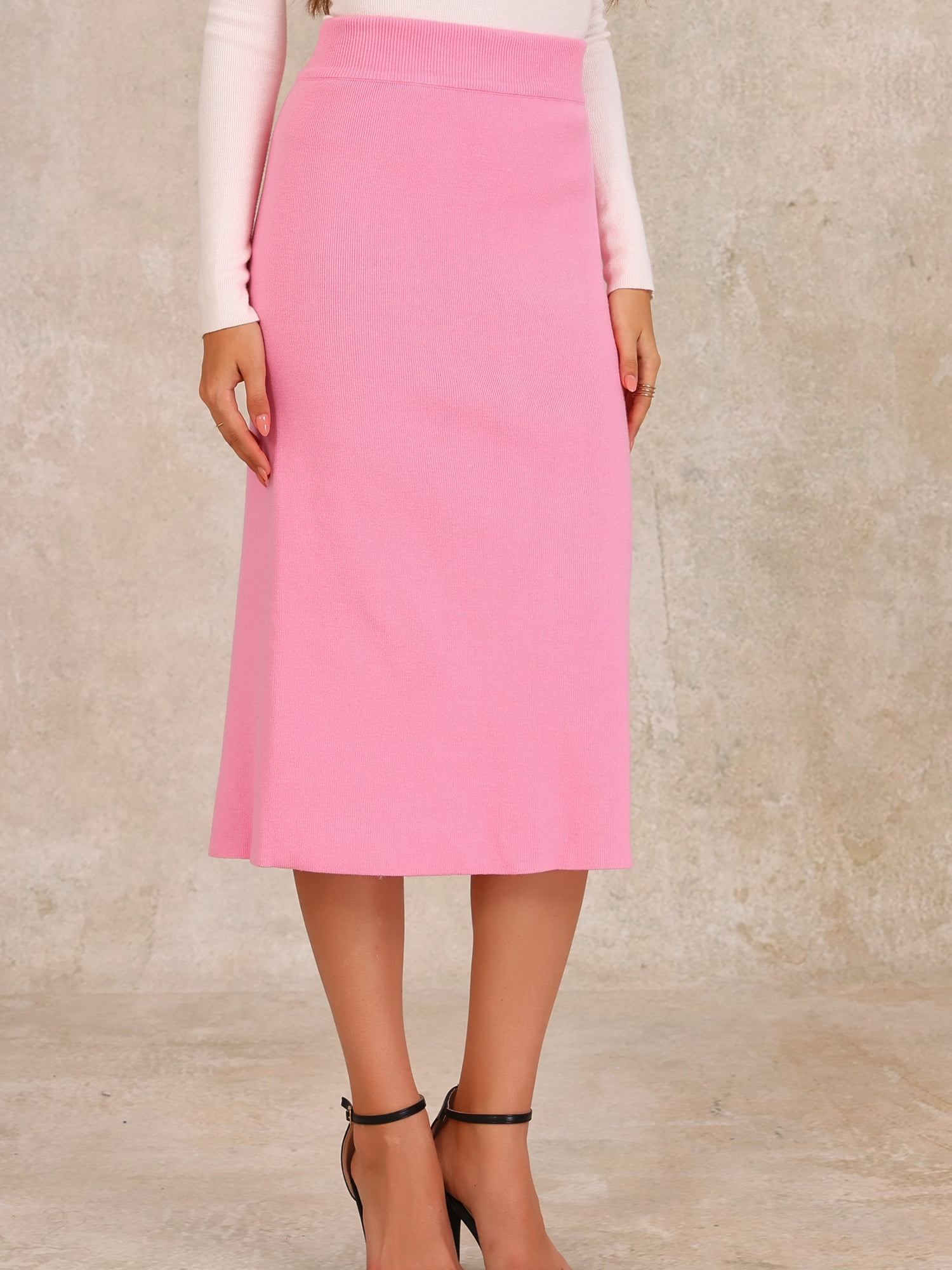 DARING DIVA Women's Ribbed Knit Stretchy Slit Midi Skirt M Pink