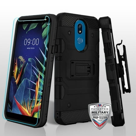 LG K40 Phone Case Combo TUFF Hybrid Impact Armor Rugged TPU Rubber Silicone Shockproof Protective Hard Cover with Holster Belt Clip & Tempered Glass Screen Protector BLACK Case for LG K40