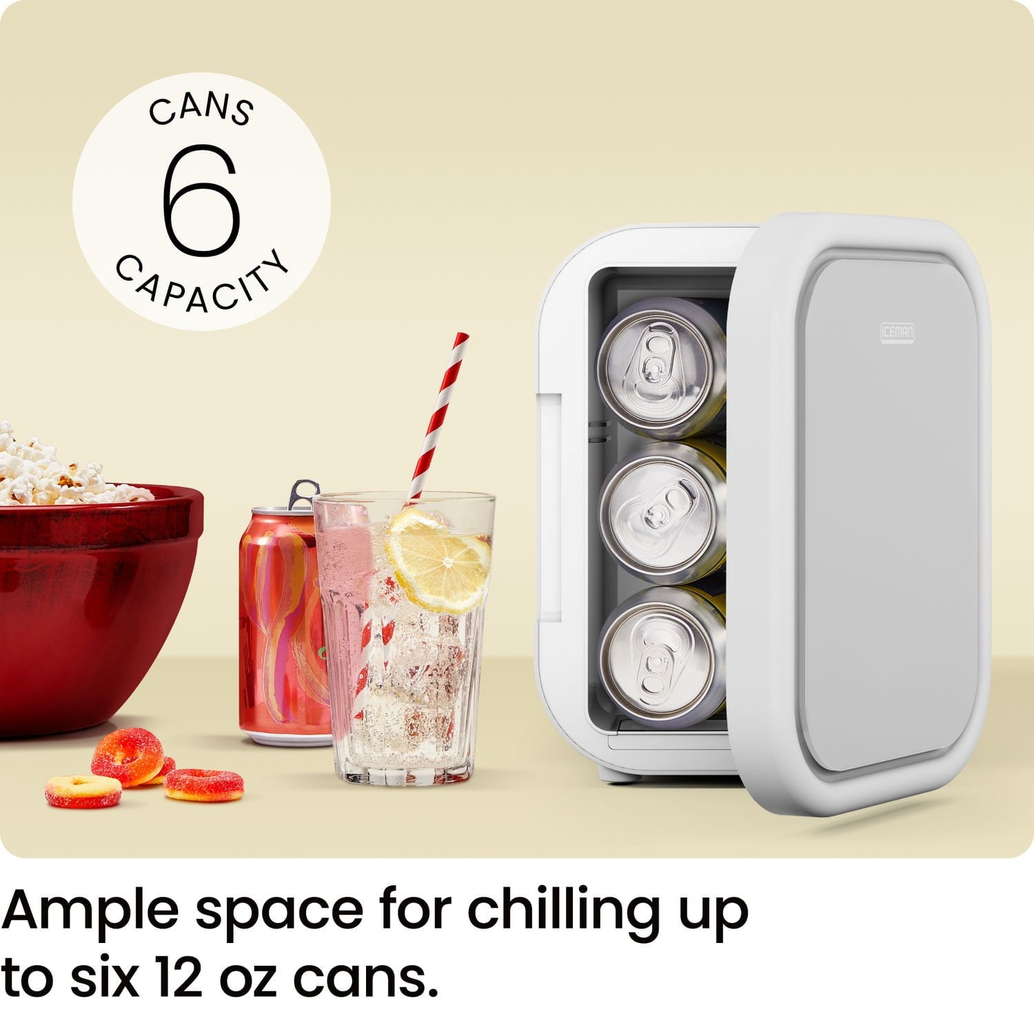 ICEMAN Portable Mini Fridge w/ 6 355 ml (12oz) Can Capacity, Cools and Heats, Car Plug Included - White, New