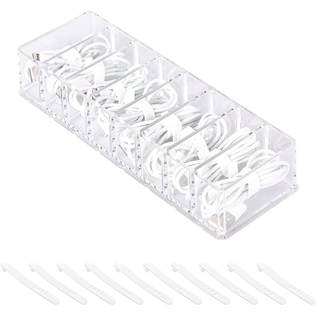LAICAIW Plastic Cable Management Box with 10 Wire Ties, Clear Power Cord Organizer with 8 Compartments, Electronics Organizer for Office, Home Use, Desk Accessories Storage for Stationery Supplies