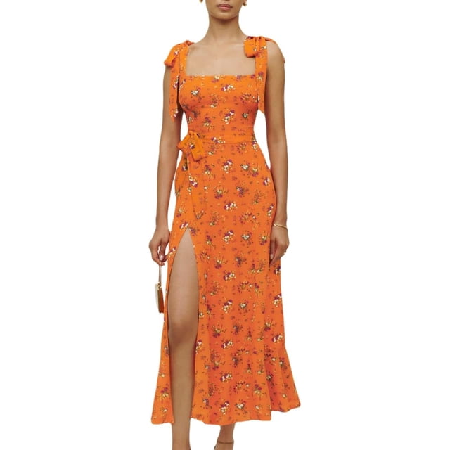 Robes de Demoiselle d'Honneur pour Femmes Col Carré à Volants Fendue Robe Midi Bretelles Larges Réglables Robe d'Été avec Ceinture pour Invité de Mariage