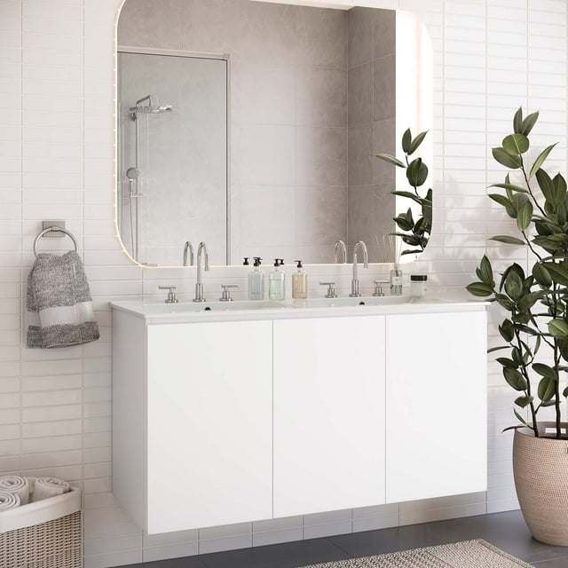 Modway Bryn Meuble-Lavabo Mural Double 48 Pouces pour Salle de Bain en Blanc