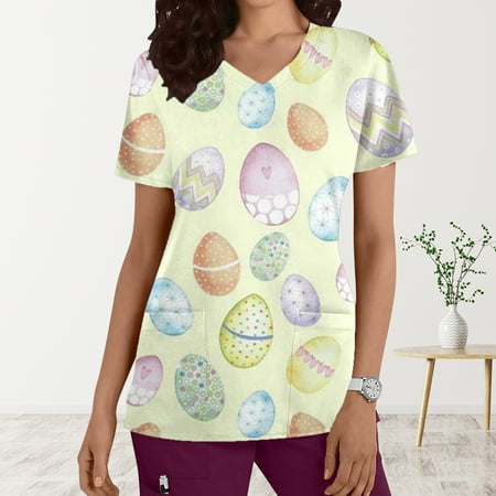 

UHUYA Scrubs For Women Easter Fashion Women V-Neck Casual Short Sleeve Printed Pockets Womens Tops Blouse Mint Green L