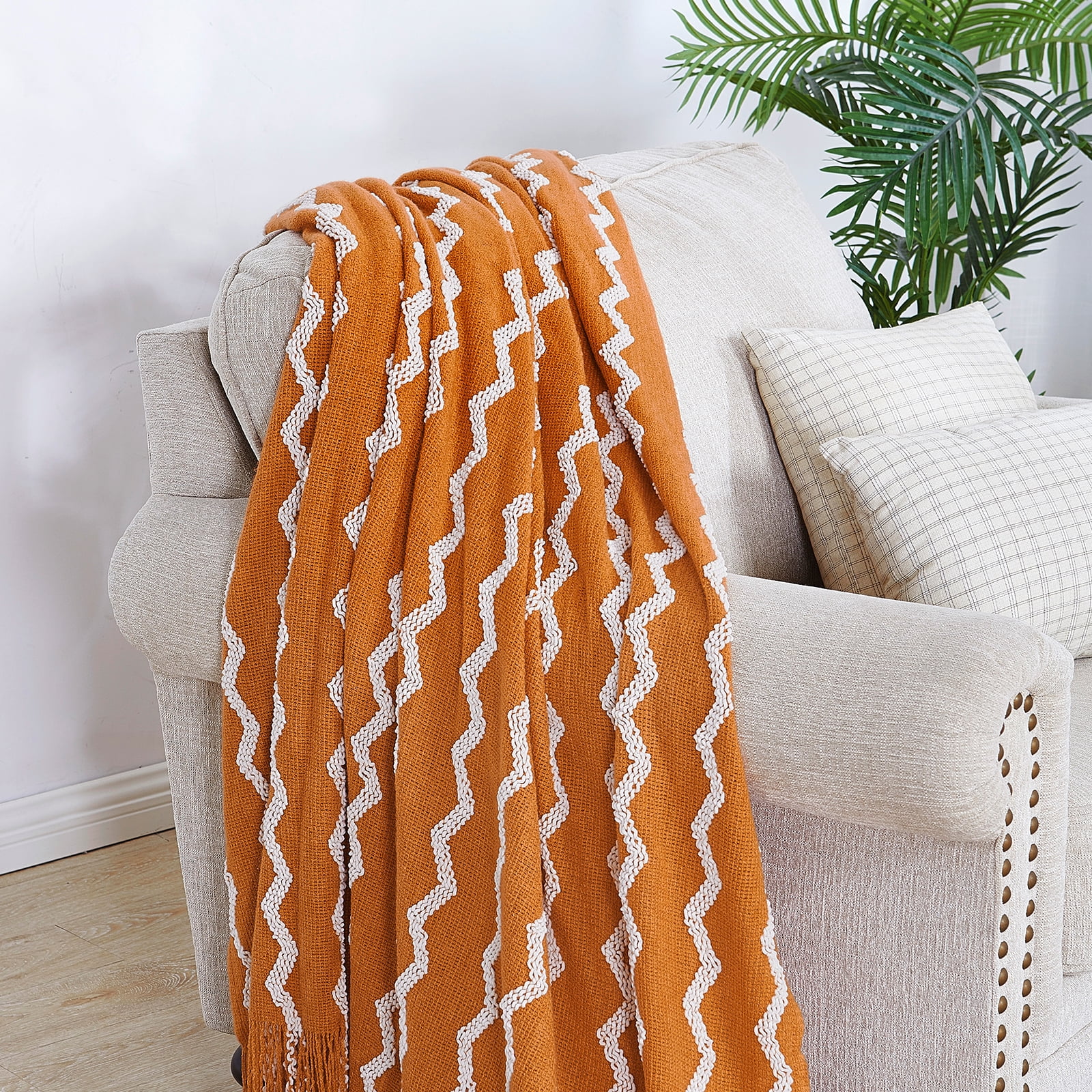 Bourina Fluffy Chenille Knitted Throw Blanket 50" x 60"- Cozy for Sofa, Chair, Orange, Adult