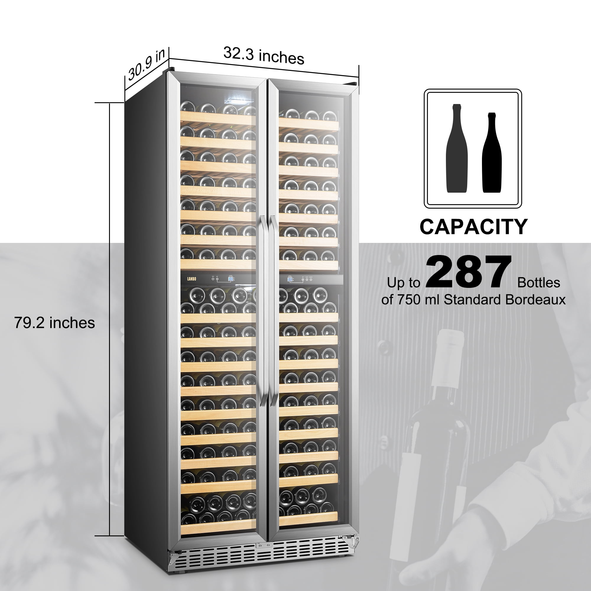 Lanbo 32 inch 255 Bottle Dual Zone Compressor Freestanding Wine Refrigerator