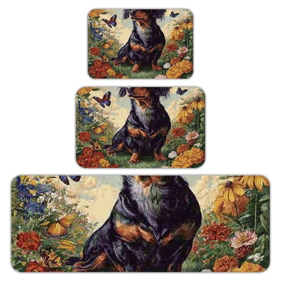 RKSupls Kitchen Rug Set 3 Piece Anti-Slip Flannel Floor Mats, Dachshund Flowers Butterflies Washable Absorbent Runner Mats for Kitchen Bathroom Home Decor