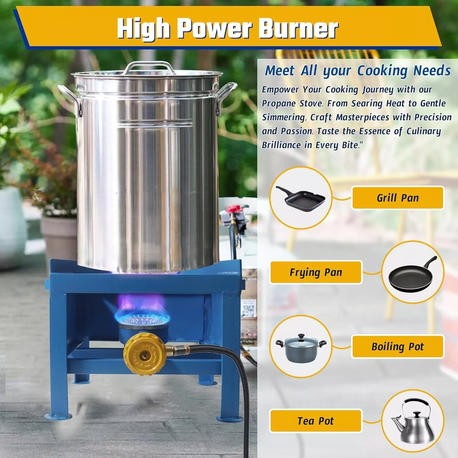 Single Burner Propane Stove - with Hose & Adjustable 0-20 Psi Regulator - High BTU Propane Burner - Square Portable Gas Stove - Perfect for Camping & Outdoor Cooking, BBQ, Turkey fryers