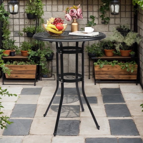 Outdoor Patio Cast Aluminum Round Bar Table, Bronze, 220lbs Capacity, Weather Resistant, Adjustable Floor Mats for Garden Backyard Balcony