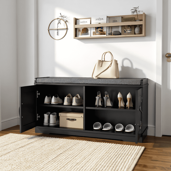 Shoe Storage Bench, 2-Tier Farmhouse Entryway Bench with Padded Seat Cushion, 13.78" D x 39.37" W x 19.69" H, Slim Shoe Cabinet Bench for Entryway, Living Room, Bedroom (Black)