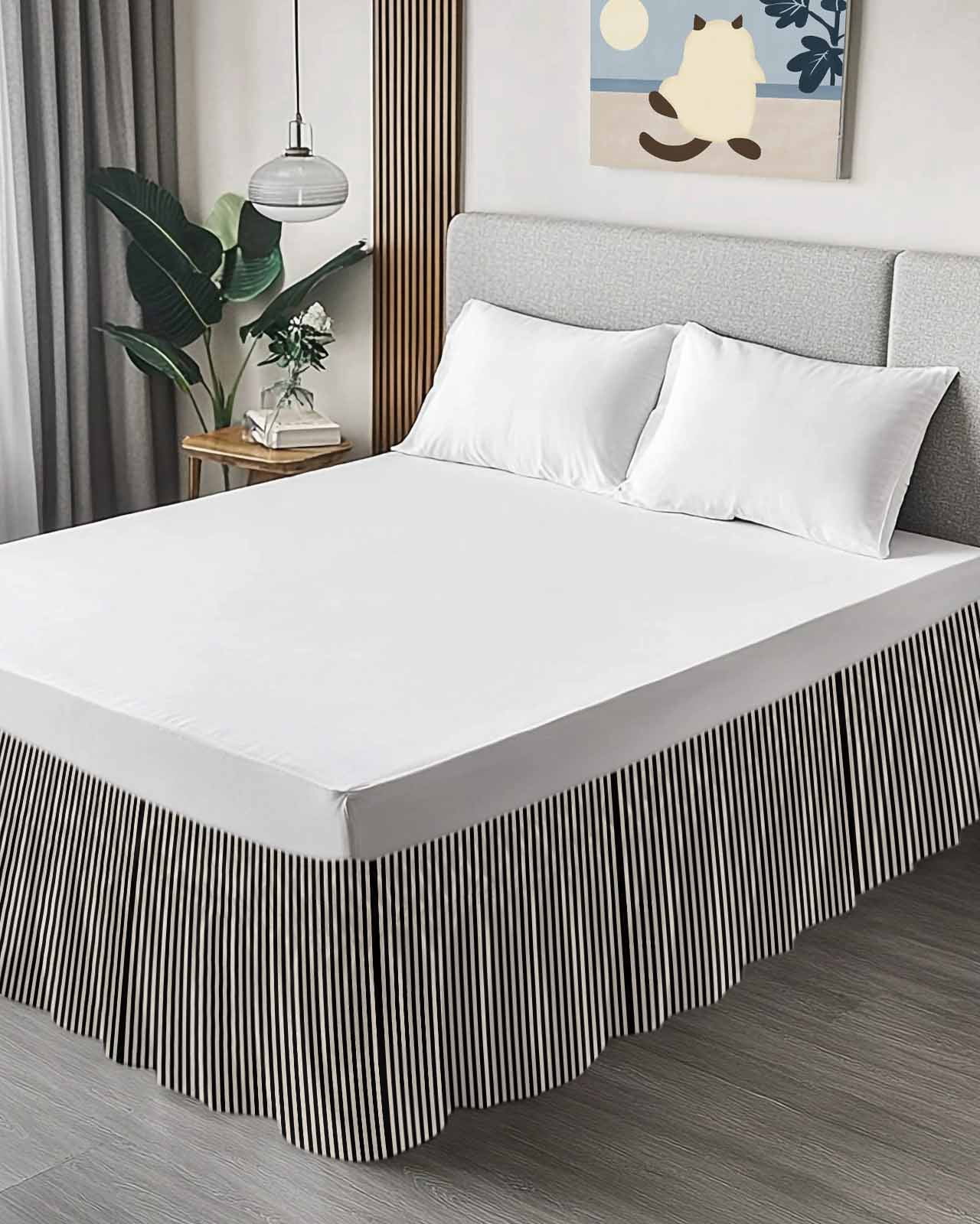 Black Striped Wrap Around Bed Skirts for California King Bed 18" Drop,Bed Skirt with Adjustable Elastic Belt Dust Ruffle Bed Valance for Bedroom Modern Simple Farmhouse Beige Vintage Bed Frame Cover