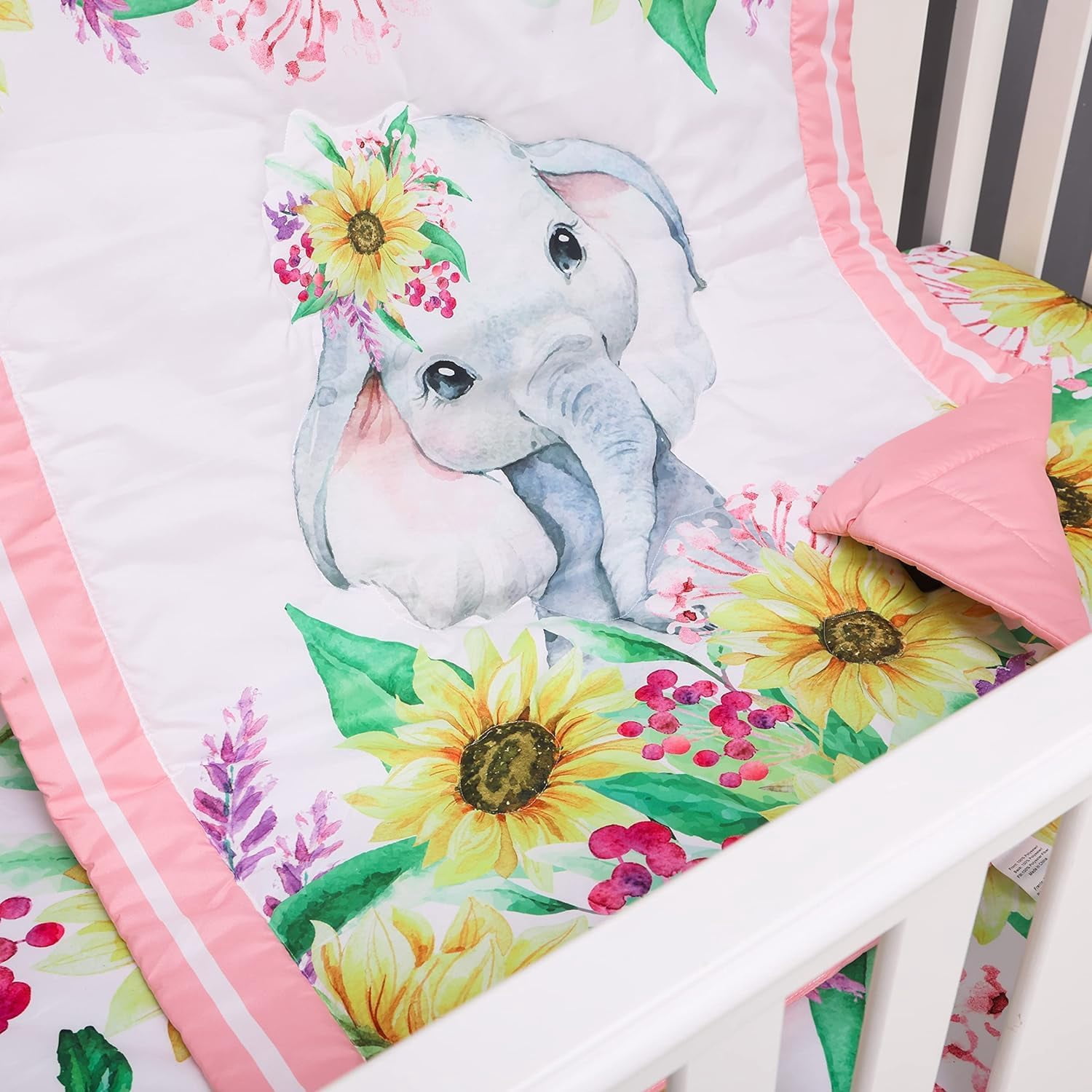 Sweet Baba Elephant Crib Bedding Set 4 Piece, Baby Nursery Bedding Sets Including Crib Quilt, Crib Skirt, Crib Sheet, Blanket, Pink Crib Sets for Girls