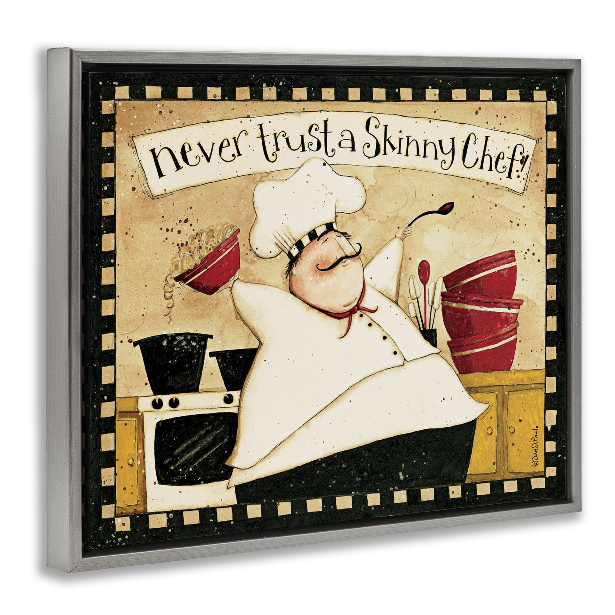 Stupell Industries Skinny Chef Funny Kitchen Food & Beverage Painting Gray Floater Framed Canvas Art Print Wall Art, 31 x 25