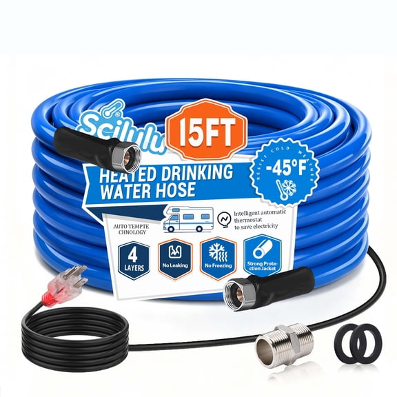 Scilulu 15FT Heated Water Hose for RV, -45°F Freeze Protection Safe for Drinking Water, Lead-Free & BPA-Free. Ideal for Campers, Gardening, Livestock & Home Use. Smart Thermostat.