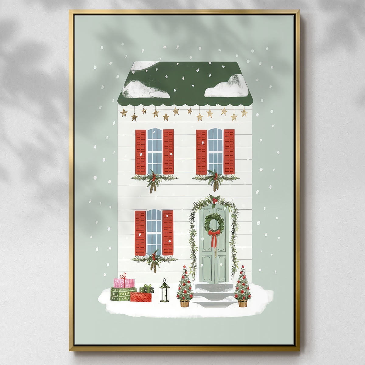 Festive Front Door IV - Framed Gallery Wrapped Holiday Canvas - 17 x 25 - Gold Frame