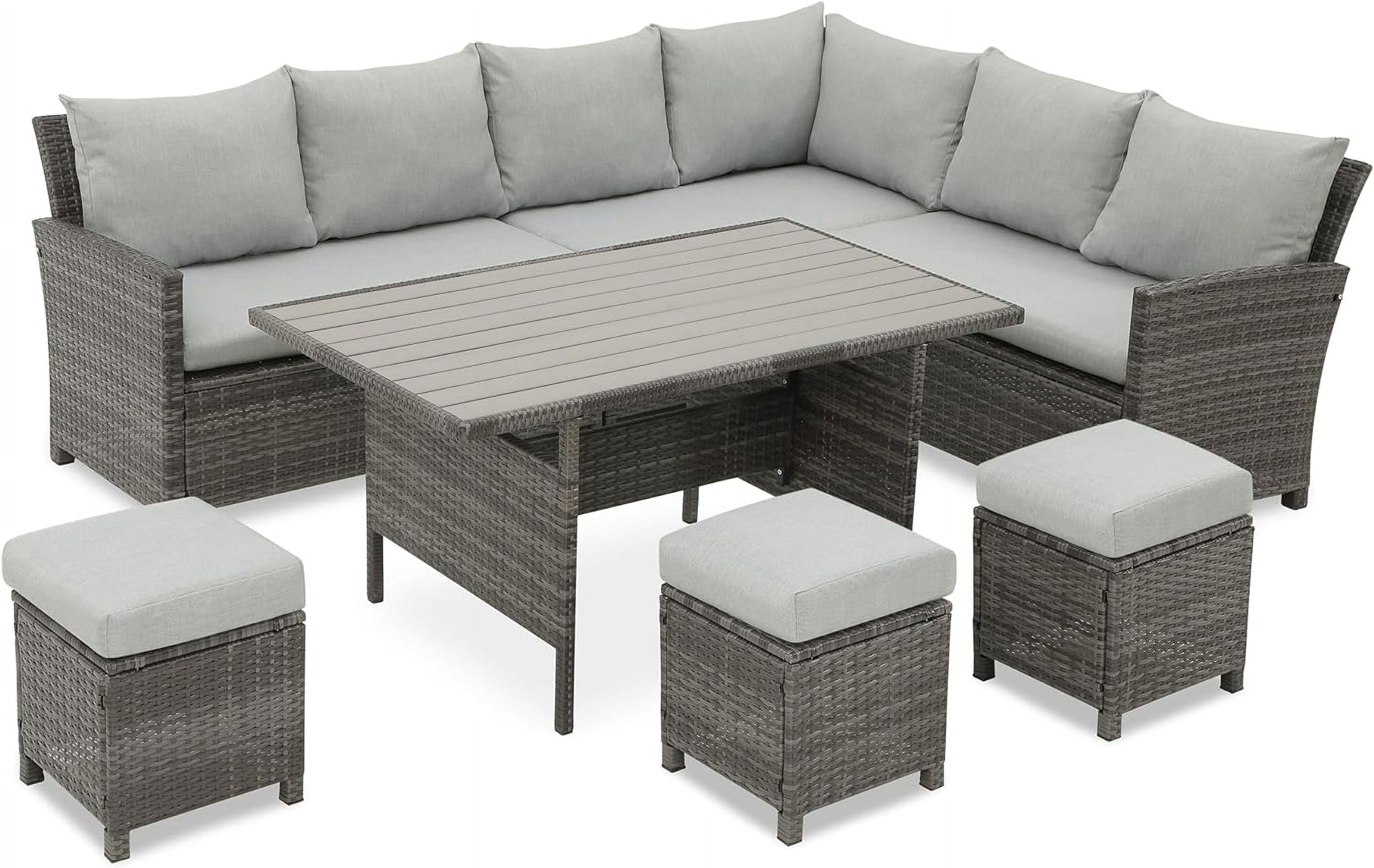 Superjoe 7 Piece High Curved Wicker Outdoor Sectional Sofa with Dining Table, Gray