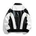 thumbnail image 4 of HOOMEUMY Mens Patchwork Faux Leather Jacket 2025 Trendy Colorblocked Coat Turndown Collar Design Zipper Biker Motorcycle Streetwear Jacket Casual Workout Drop Shoulder Clothes Fashion White L, 4 of 8