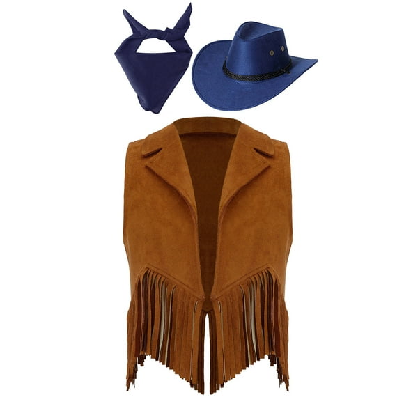 iiniim Halloween Cowgirl Outfits Girls Kids Open Front Tassels Vest with Bandanna and Cowboy Hat Set Brown&Blue 12