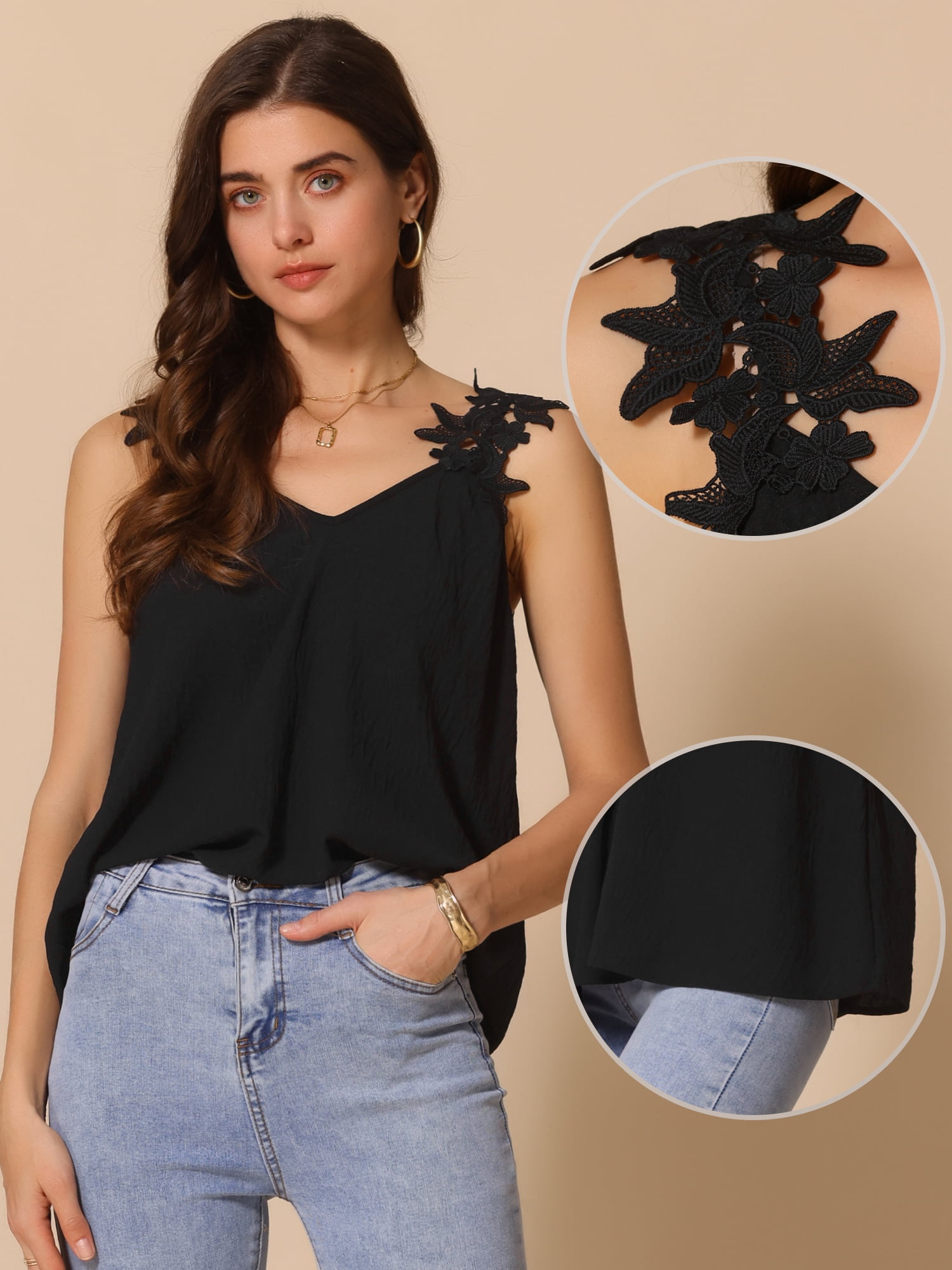 DARING DIVA Women V Neck Solid Color Camisole Sleeveless Tops S Black