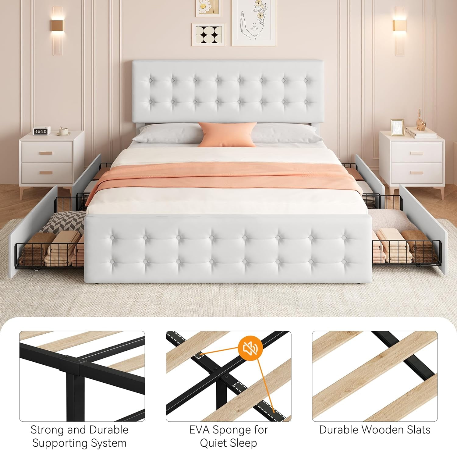 King Size Bed Frame with 4 Storage Drawers, Faux Leather Upholstered Platform Bed, Adjustable Headboard, White