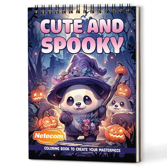 Netecom Cute and Spooky Coloring Book Spiral Bound for Adults, A5 Wooden Cover, 30 Kawaii Creatures Coloring Pages of Spooky Scenes for Stress Relief and Relaxation