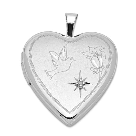 925 Sterling Silver Holds 2 photos Polished and satin 20mm Diamond Sparkle-Cut Dove and Flower Love Heart Locket Locket