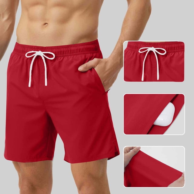 Ceisia Men's Shorts Athletics Elastic Waist Solid With Large Pockets For Camping Hiking & Red M Gift