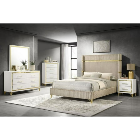 Lucia 5-piece Bedroom Set with Upholstered Eastern King Wingback Panel Bed Beige